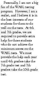 Text Box:    Personally, I am not a big fan of the WASL testing program.  However, I am a realist, and I believe it is in the best interests of our students for them to do well on the tests.  At 4th and 7th grades, we are required to provide extra help for those students who do not achieve the minimum scores on the WASL tests.  We must provide the help each year until 4th graders take the 7th grade test and 7th   graders take the 10th grade test.